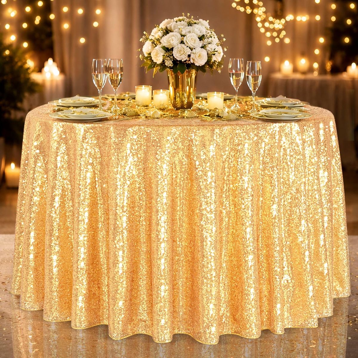 New!B-COOL Gold Tablecloth Party Decoration: 120 Inch Round Table Cloth Sequin Fabric Overlay for dining, parties