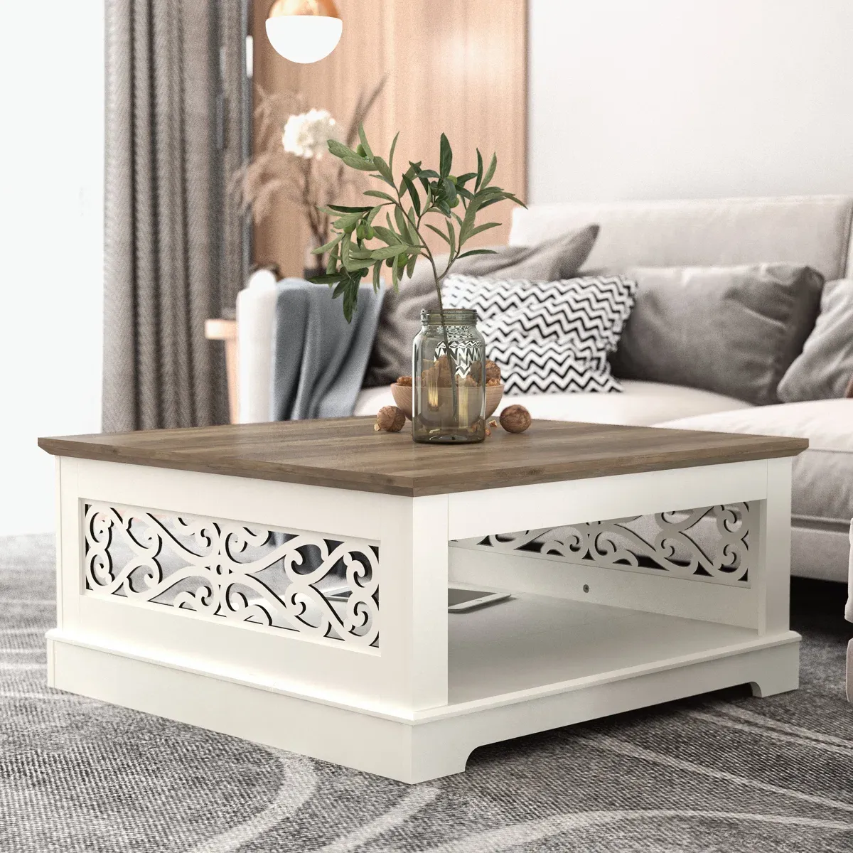 Millwood Pines Korbin Coffee Table with Storage in Ivory Knotty Oak
