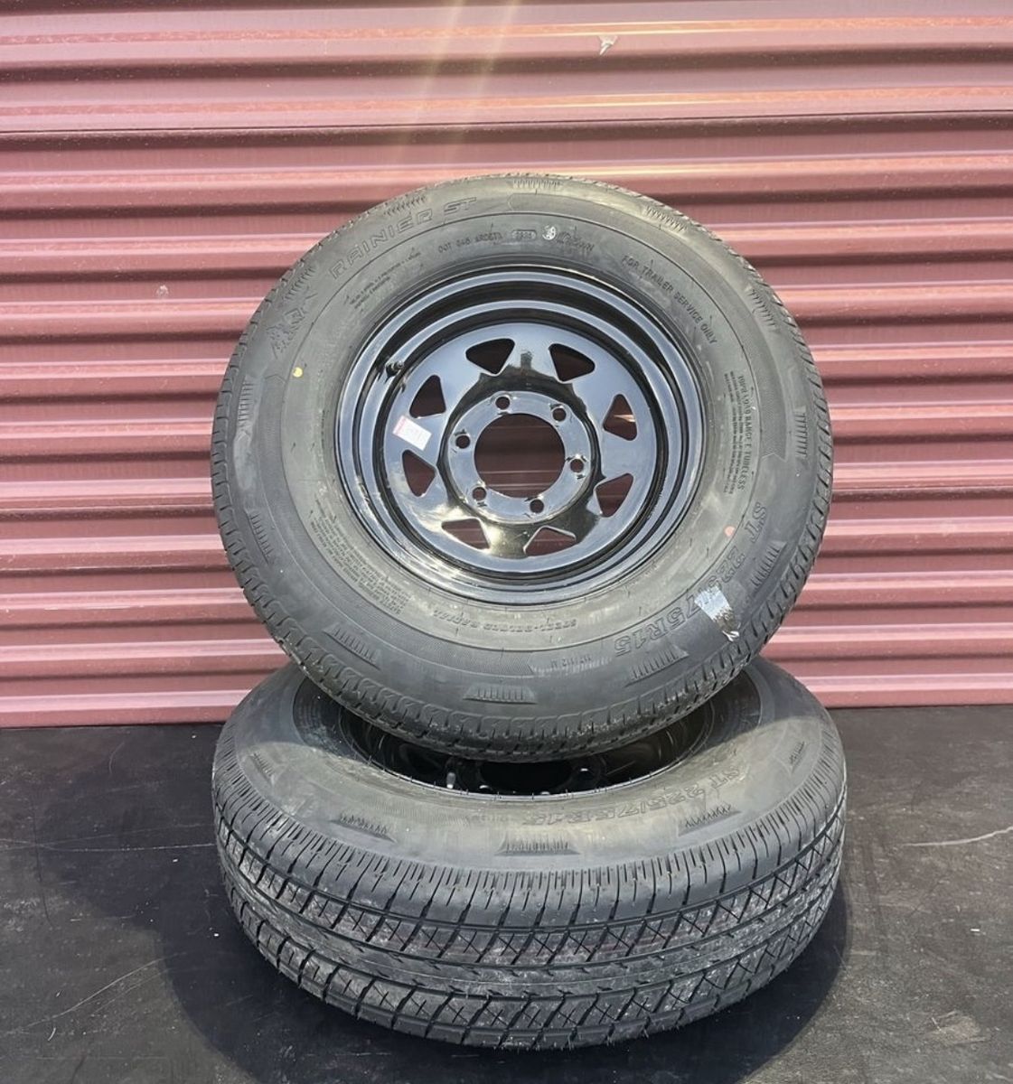 Set of 2 Rainier ST 225/75 R 15 Trailer Tires Mounted on New Black Spoke Wheels 10 Ply 6Lug Brand New