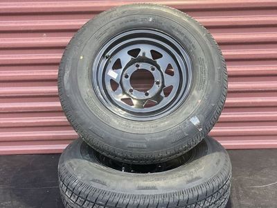 Set of 2 Rainier ST 225/75 R 15 Trailer Tires Mounted on New Black Spoke Wheels 10 Ply 6Lug Brand New