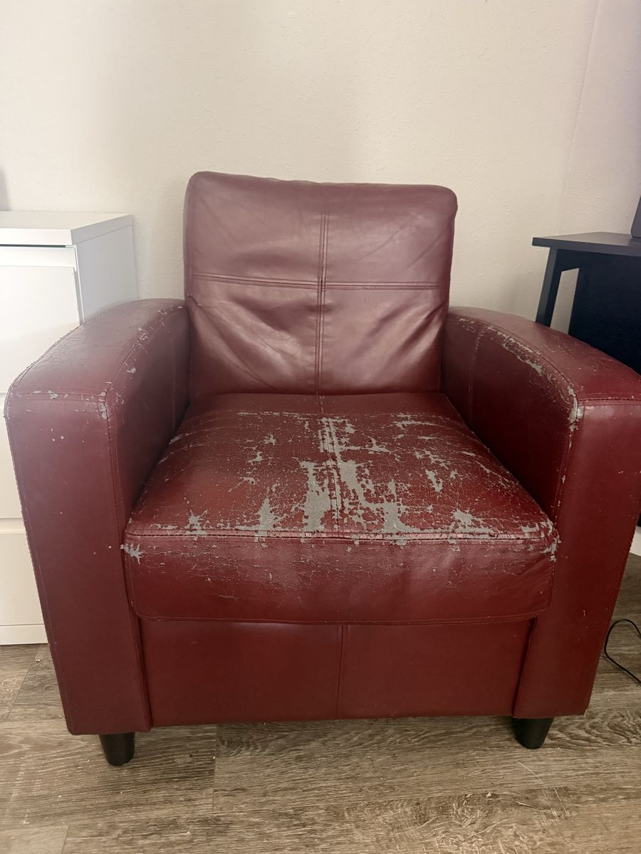 Red Leather Armchair - Modern Style, Heavily Worn/Peeling