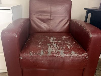 Red Leather Armchair - Modern Style, Heavily Worn/Peeling