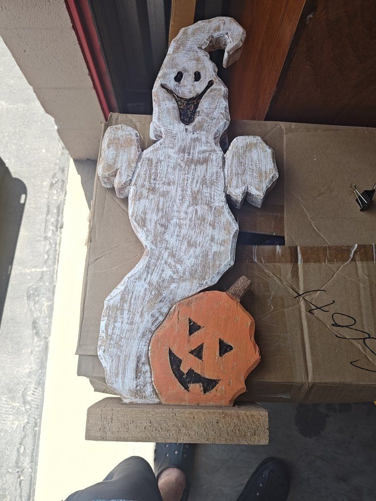 Rustic Wooden Ghost and Pumpkin Halloween Decoration