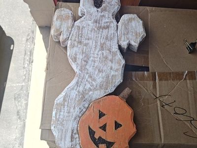 Rustic Wooden Ghost and Pumpkin Halloween Decoration