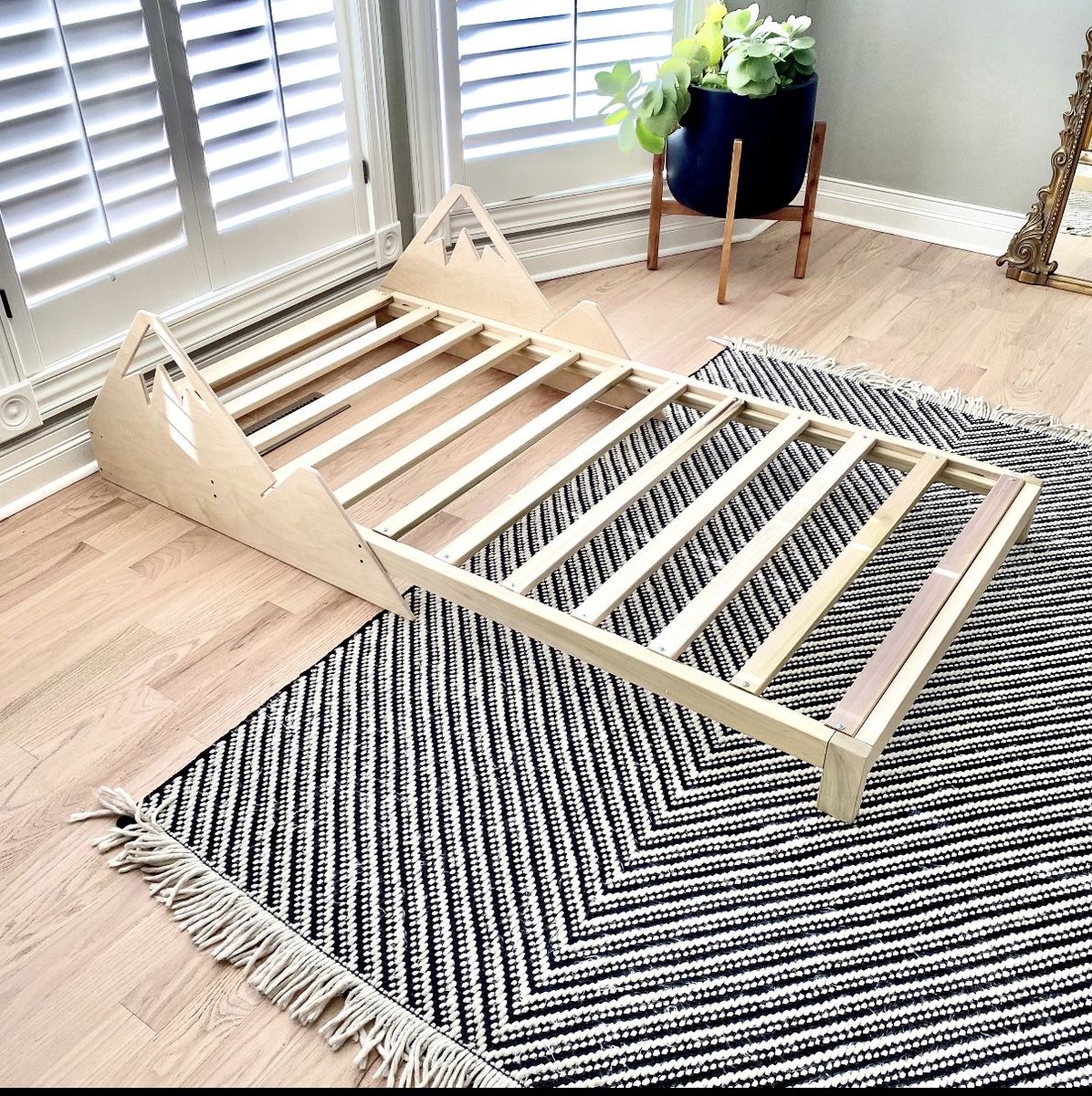 Montessori Solid Wood Floor Bed with Mountain Rails - Low Profile Platform Bed for Kids/Toddlers