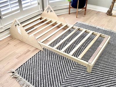 Montessori Solid Wood Floor Bed with Mountain Rails - Low Profile Platform Bed for Kids/Toddlers