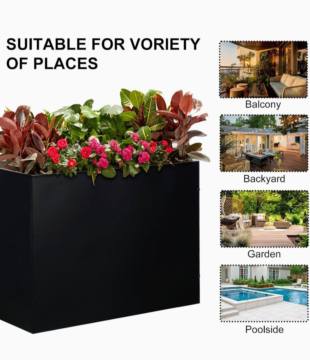 Black Metal Planter Box 36" x 12" x 26" with Removable Shelf, UV Resistant & Rust Proof
