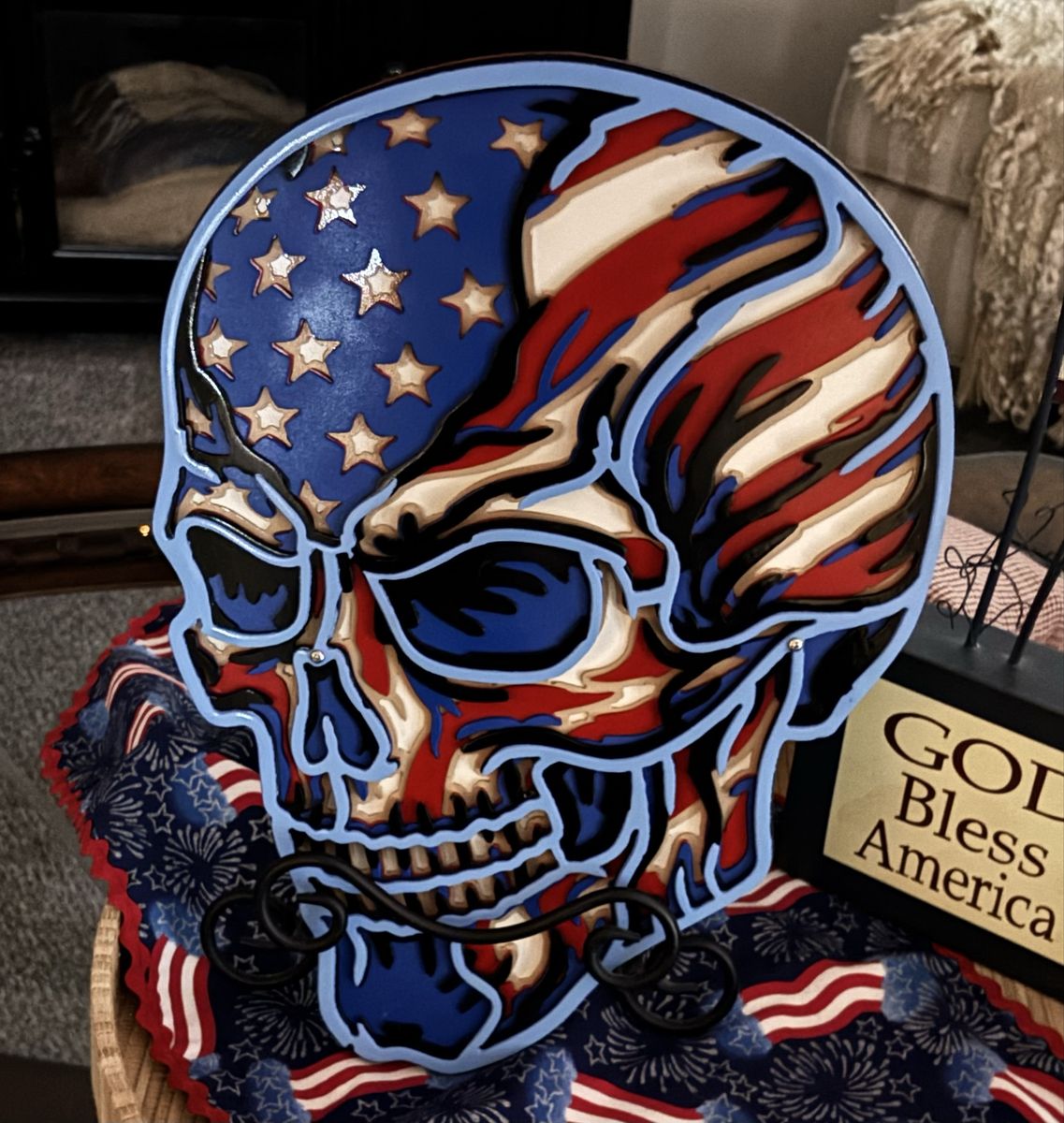 American Flag Skull Art - Layered Metal Decor, Patriotic Wall Hanging