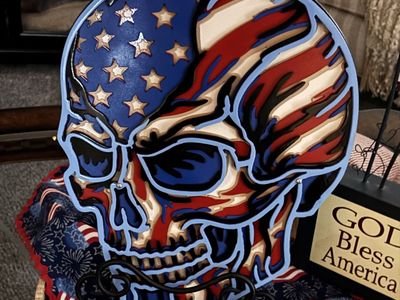 American Flag Skull Art - Layered Metal Decor, Patriotic Wall Hanging