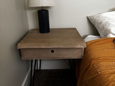 Rustic Wood End Table Nightstand with Hairpin Legs and Drawer