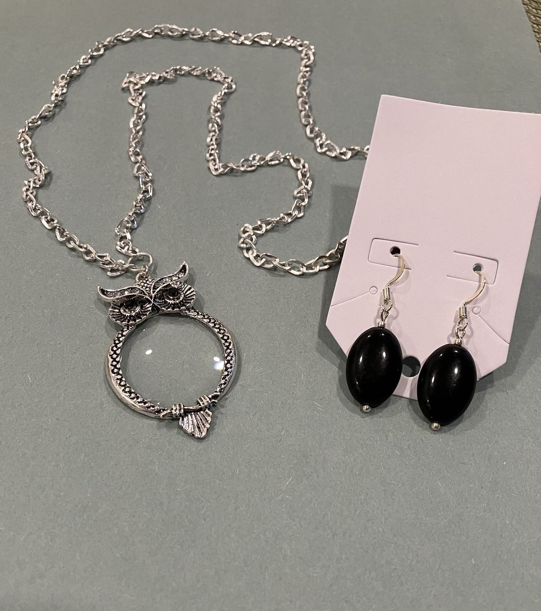 Black And Silver Owl Pendant Necklace And Dangle Earrings
