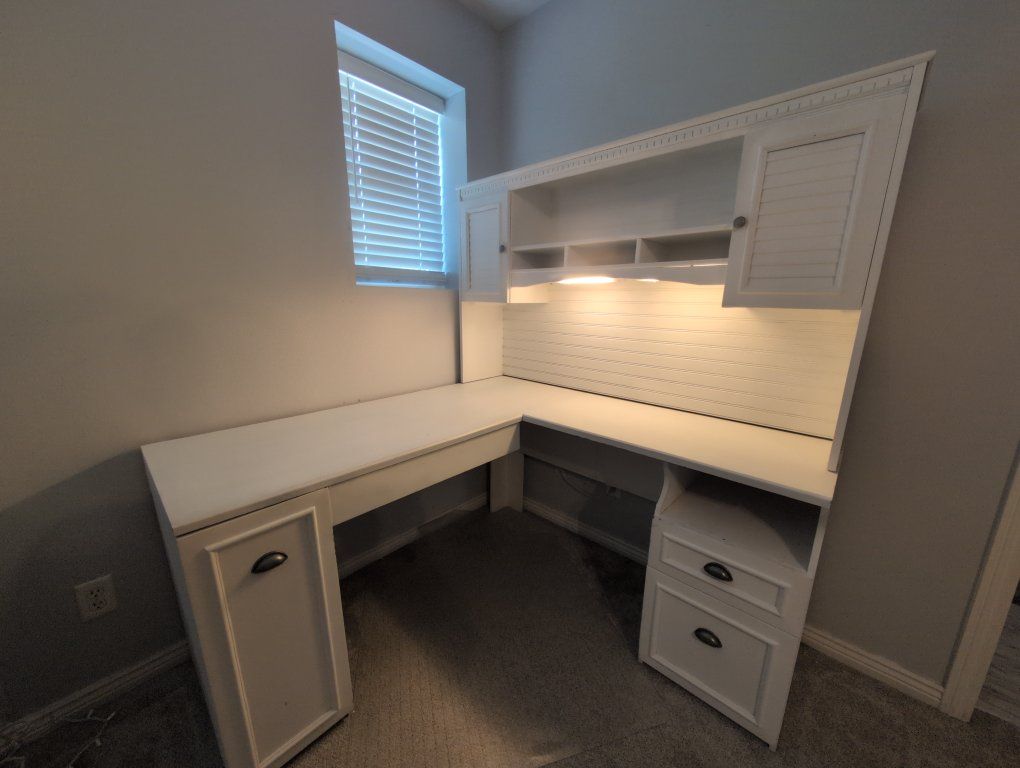 White L-Shaped Corner Desk with Hutch, Built-in Lighting & Storage Drawers