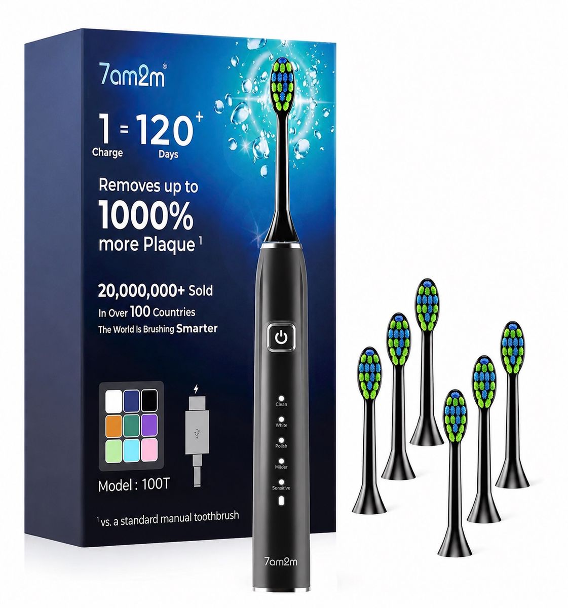 Electric Toothbrush for Adults&Kids, Type-C Charging Run for 120 Days, with 6 Brush Heads, 5 Modes&40000VPM Powered Rechargeable