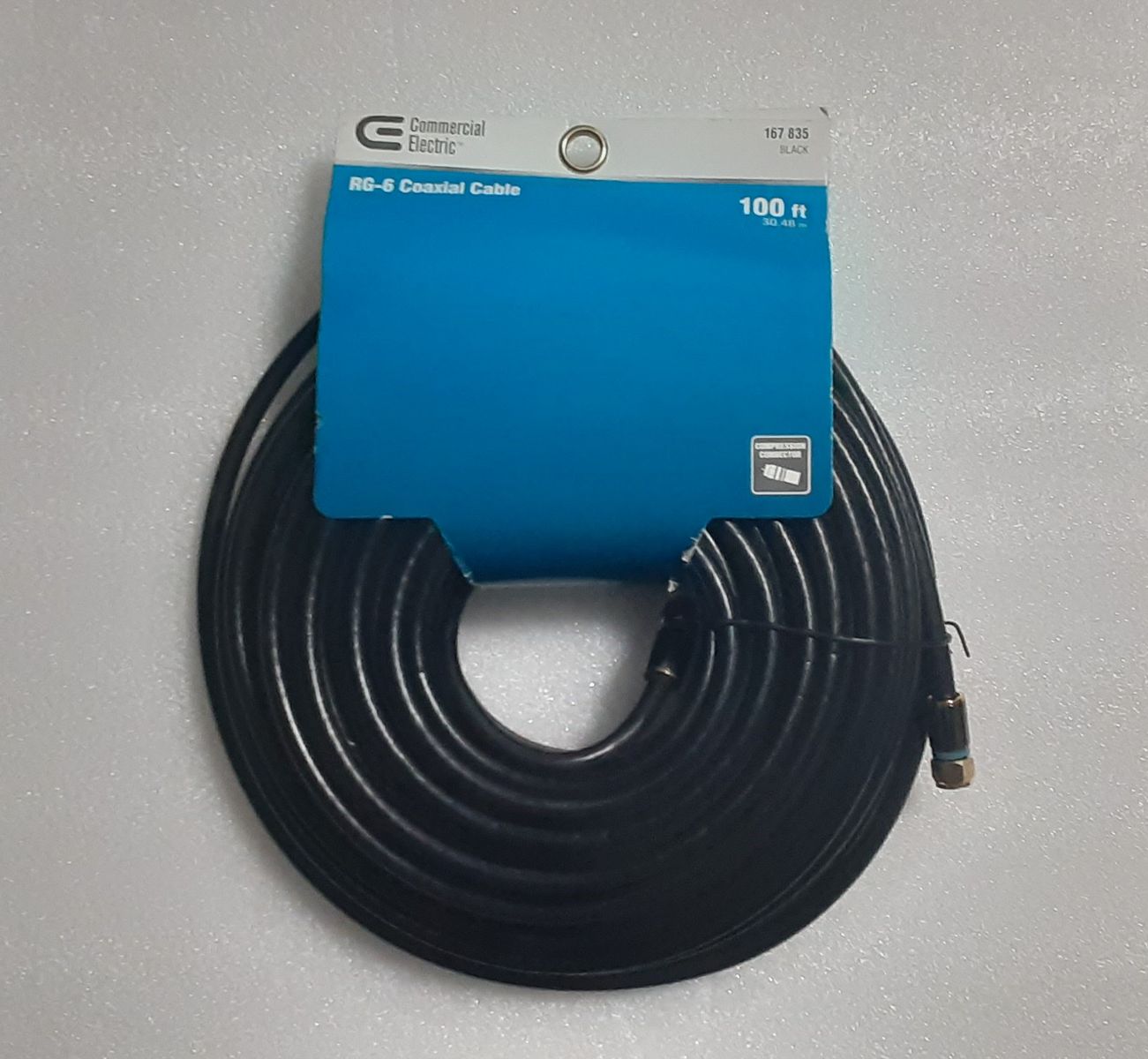 Commercial Electric 167-835 RG-6 Coaxial Cable - 100-ft Roll with F-Pin Male Compression  Connectors - New