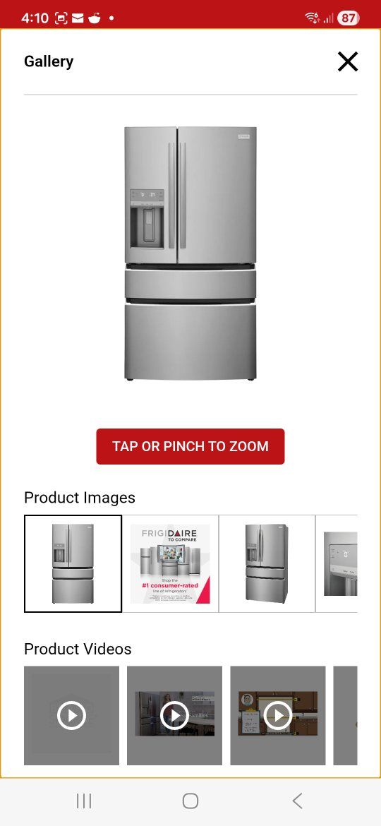Frigidaire Gallery 26.3 cubic ft Stainless Steel French Door Refrigerator with Ice Maker, Bottom Freezer, and drink drawer.