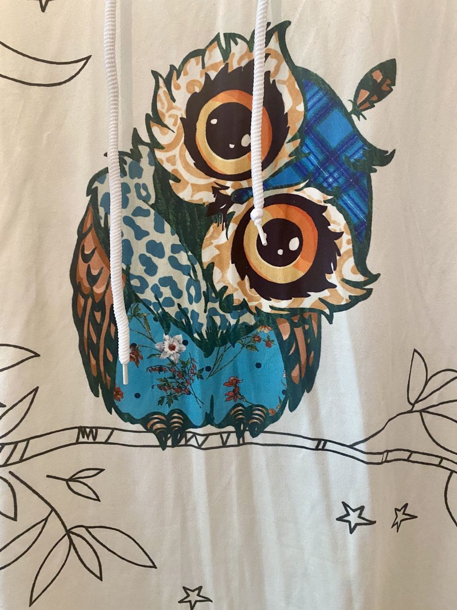 NEW! White Owl Graphic Lightweight Long Sleeve Hooded Tunics Top - Hoodie - Cozy Layers - C PIX