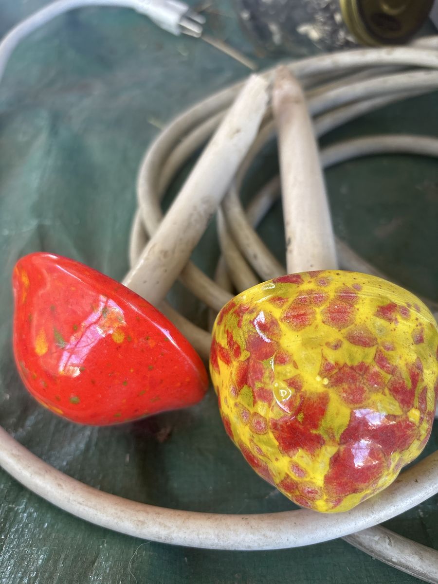 2 Mushees Ceramic Mushroom Garden Stakes - Red and Yellow Stained Glass Style (One Damaged)