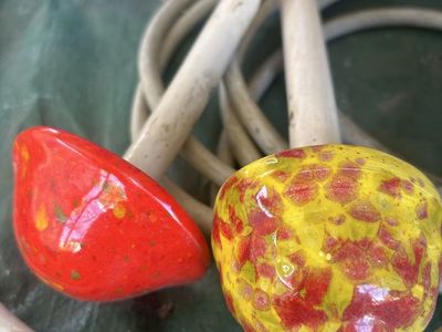 2 Mushees Ceramic Mushroom Garden Stakes - Red and Yellow Stained Glass Style (One Damaged)