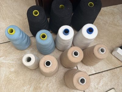 Assorted Industrial Sewing Thread Cones Lot - Black, Tan, White, Blue