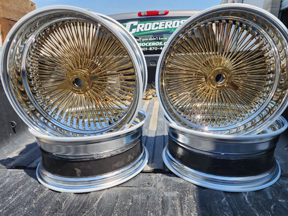Set of Chrome & Gold  Spokes wire wheels with Knock and adapters 20 inch reverse 