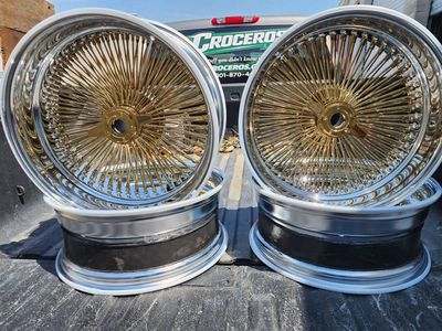 Set of Chrome & Gold Spokes wire wheels with Knock and adapters 20 inch reverse