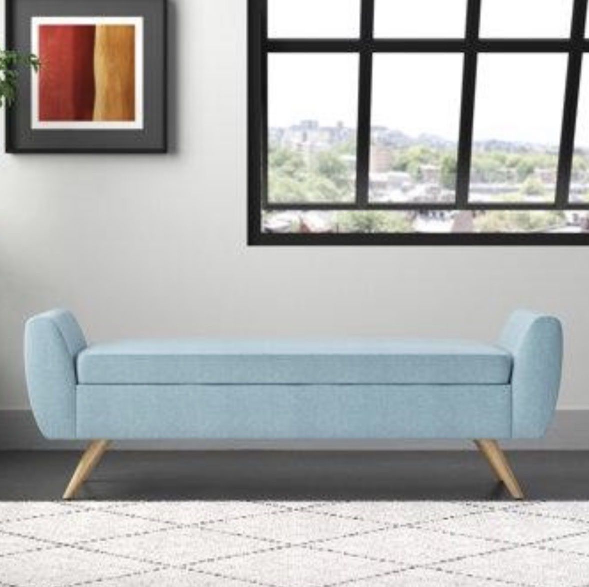 Brand new in box- Wayfair French Blue Upholstered Storage Bench with Wood Legs - 60" wide