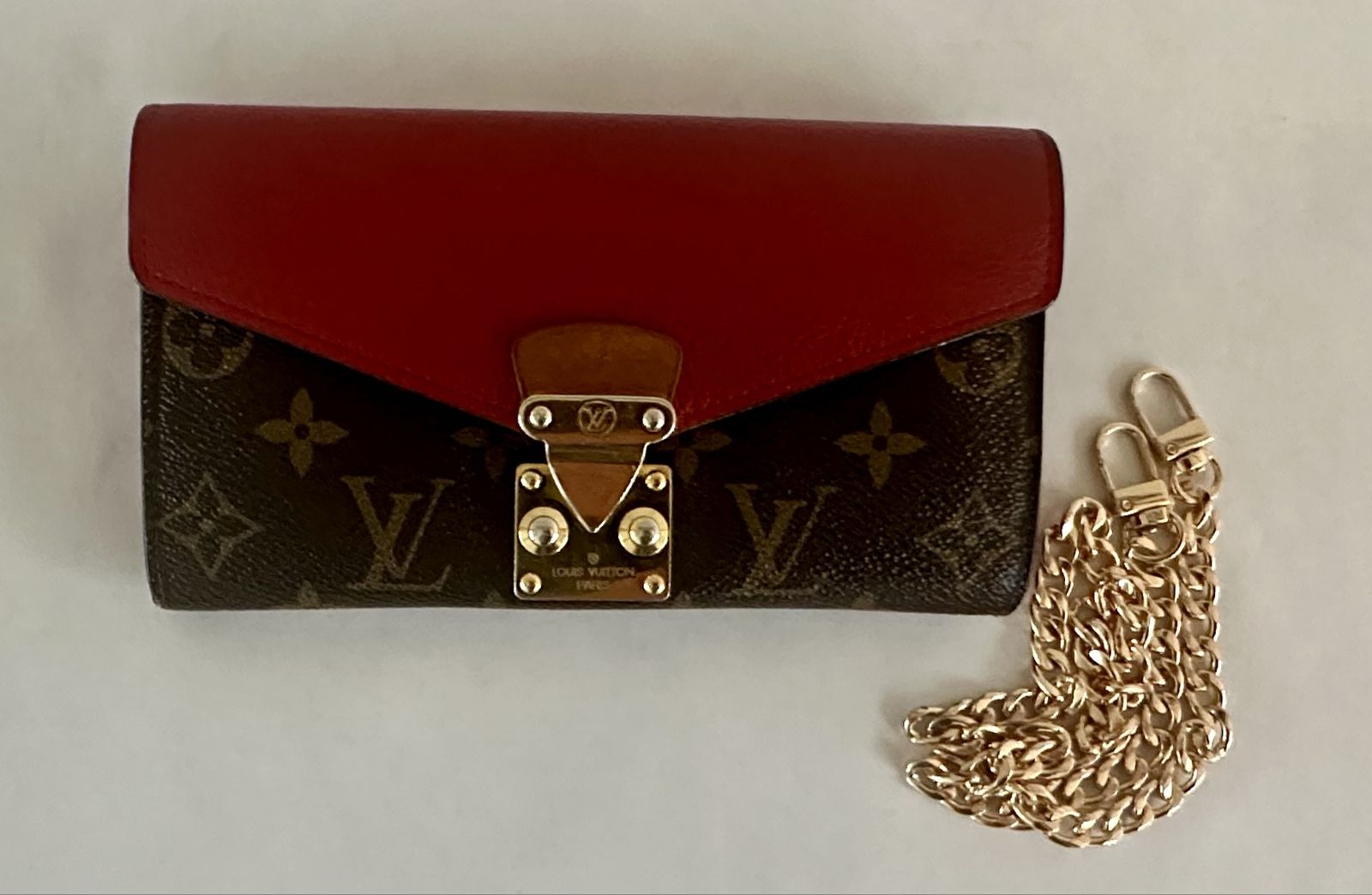 Authentic Louis Vuitton Pallas Chain Wallet Monogram Cerise Red