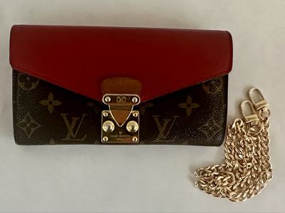 Authentic Louis Vuitton Pallas Chain Wallet Monogram Cerise Red