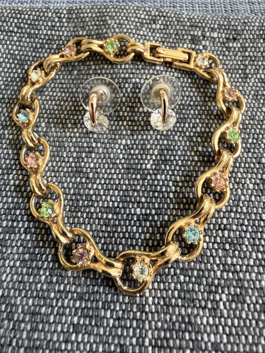 Gold-Tone Pastel Rhinestone Bracelet with Matching Crystal Earrings