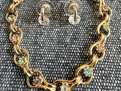 Gold-Tone Pastel Rhinestone Bracelet with Matching Crystal Earrings