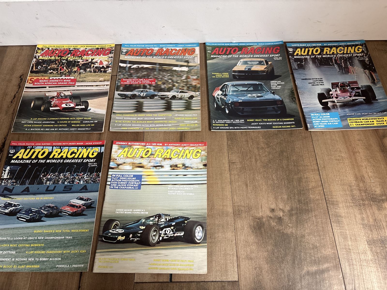 Six vintage auto racing magazines