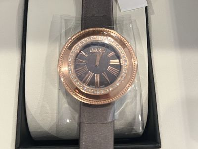 Gevril Women's Swiss Quartz Rose Gold Tone Watch with Crystal Bezel and Grey Strap