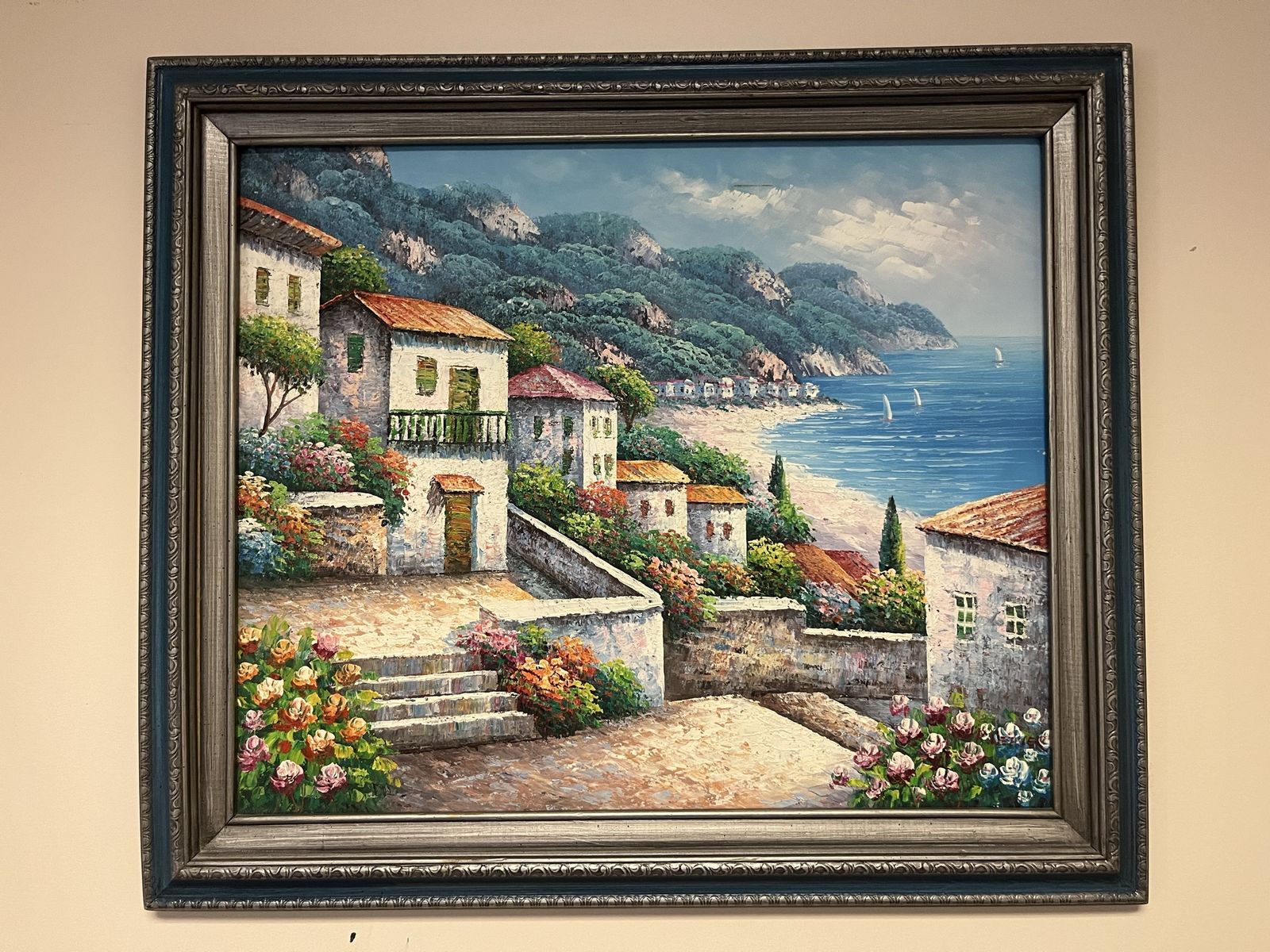 Original Framed Mediterranean Seascape Oil Painting - Coastal Village Art Decor by R Weaver