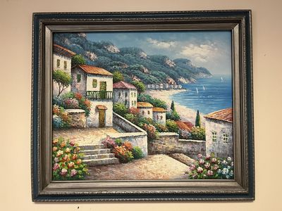 Original Framed Mediterranean Seascape Oil Painting - Coastal Village Art Decor by R Weaver