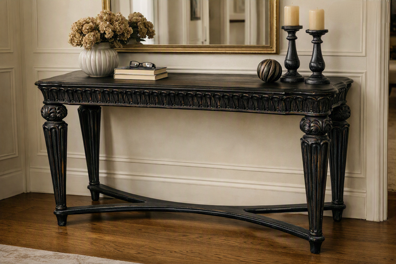 Black French Vintage Console Table Side Entry TV Stand Cottagecore  Farmhouse