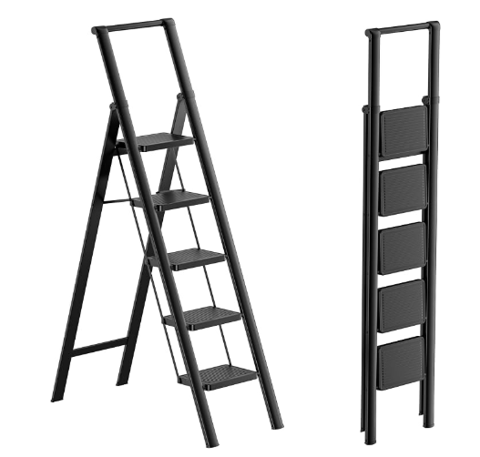 5 Step Ladder/Stool Foldable Reach 10ft; with Handgrip, Anti-Slip 7.9'' Pedals, for Home, Kitchen Closet, 300 lb Capacity