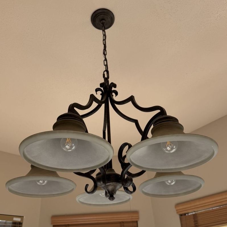 Ornate Bronze 5-Light Chandelier with Frosted Glass Shades - Classic Dining Room Lighting