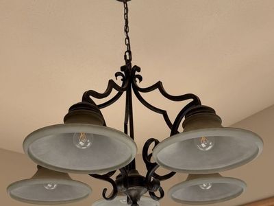 Ornate Bronze 5-Light Chandelier with Frosted Glass Shades - Classic Dining Room Lighting
