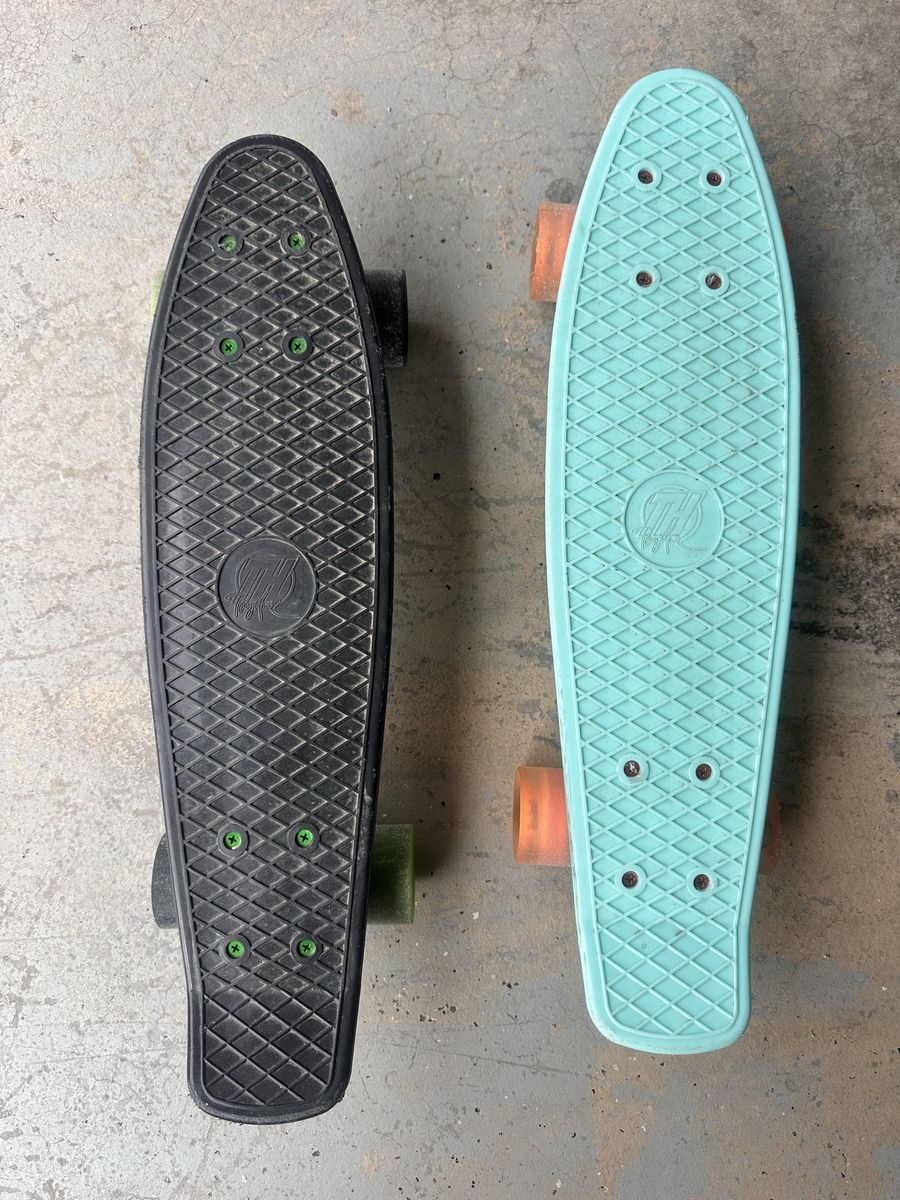 Pair of Tony Hawk Plastic Cruiser Skateboards - Black & Light Blue Penny Style