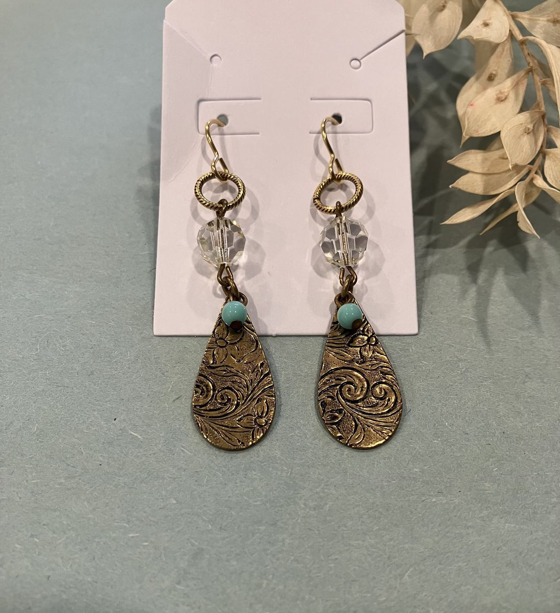 Brass Turquoise Colored Teardrop Dangle Earrings