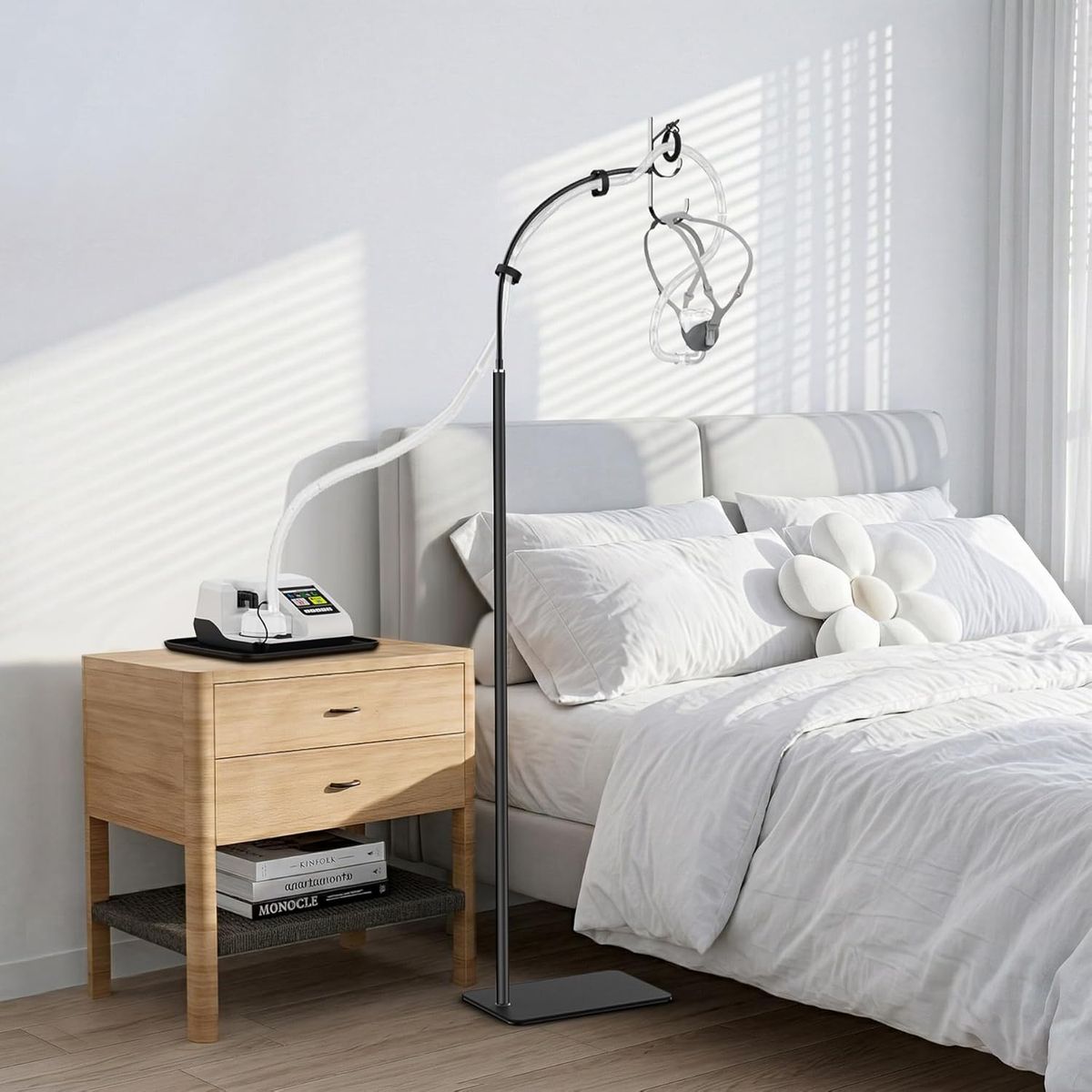 NEW CPAP Hose Holder - All-Metal Stand Bedside with Nightstand Protective Mat, CPAP Hook for Mask & Tubing | No Drilling