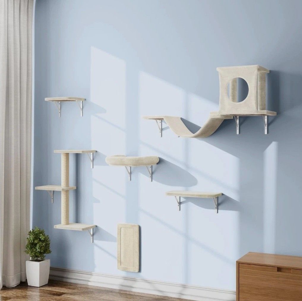 Wall Mounted Cat Furniture Set - 6PC Cat Climber, House, Steps & Scratcher White