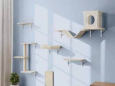 Wall Mounted Cat Furniture Set - 6PC Cat Climber, House, Steps & Scratcher White