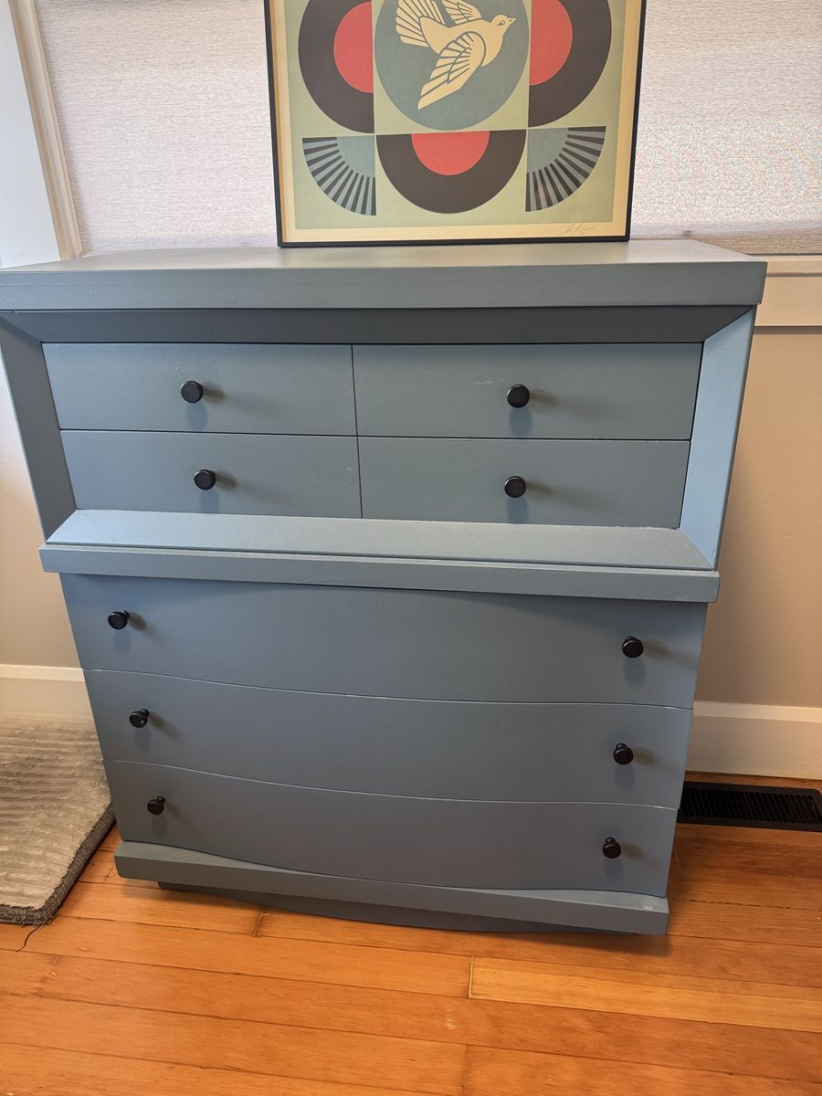 Vintage Blue Mid-Century Modern Dresser - solid wood, Unique Asymmetrical Design, 6 Drawers