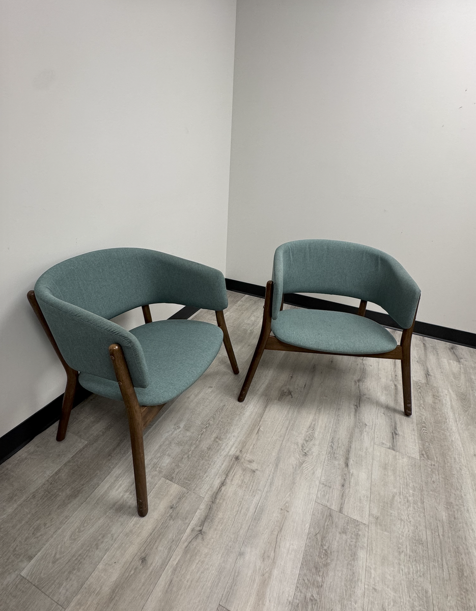 Mid-Century Modern Chairs - Teal Fabric, Wood Frame (Set of 2)