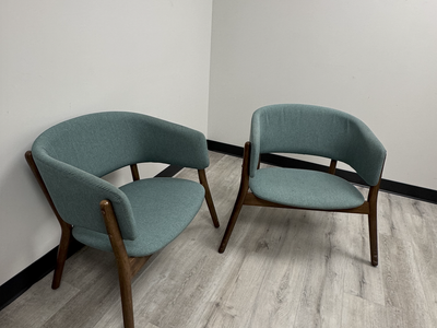 Mid-Century Modern Chairs - Teal Fabric, Wood Frame (Set of 2)