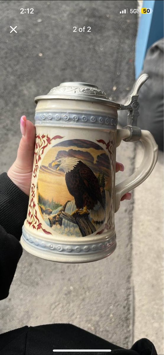 Vintage German-Style Ceramic Beer Stein Mug with Pewter Lid - Patriotic Bald Eagle Design