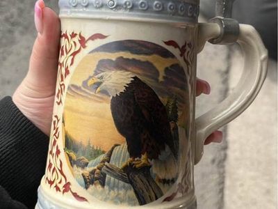 Vintage German-Style Ceramic Beer Stein Mug with Pewter Lid - Patriotic Bald Eagle Design