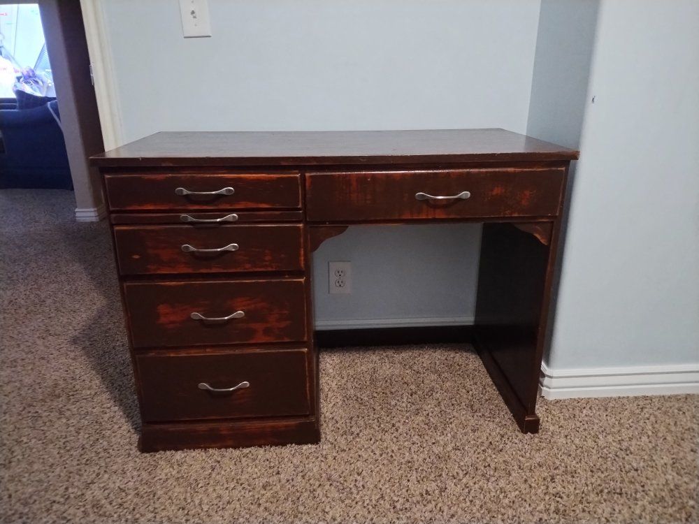 Vintage Wooden Desk - Dark Wood Finish with 5 Drawers - Perfect for Refinishing Project