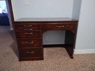 Vintage Wooden Desk - Dark Wood Finish with 5 Drawers - Perfect for Refinishing Project